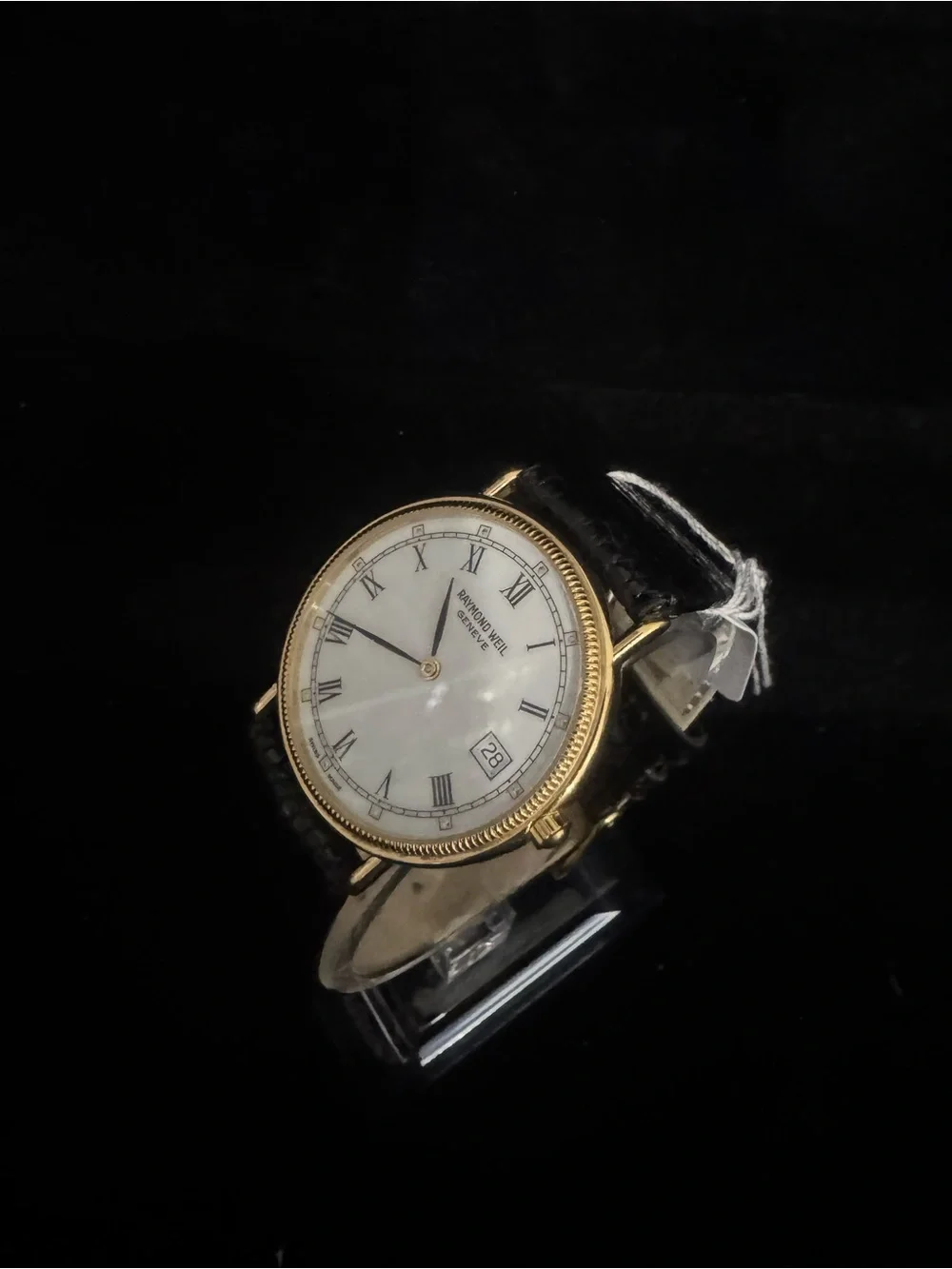 #137 Raymond Weil Gold Case White Dial Watch with Black Leather Strap